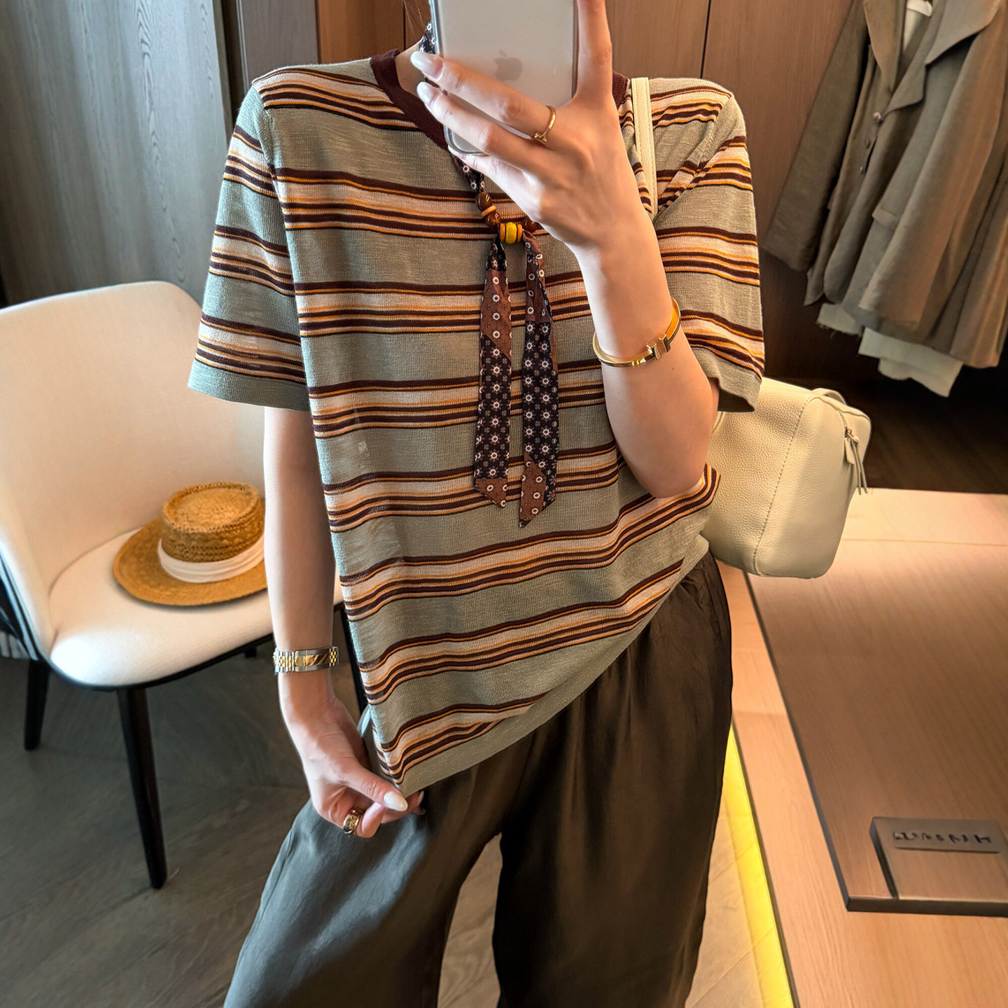 配丝巾条纹冰丝针织衫女欧洲站2026夏季新款欧货女装薄款打底衫潮