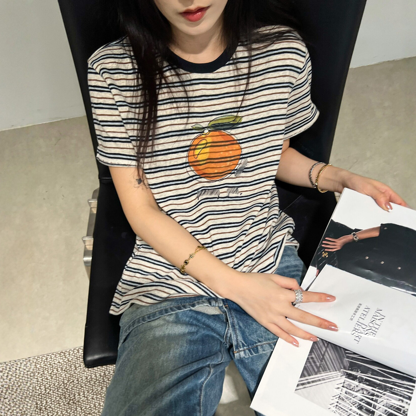 橘子字母条纹短袖T恤女欧洲站2026春装新款欧货女装时尚打底衫潮