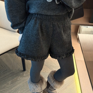 休闲裤 木耳边羊毛呢A字阔腿短裤 欧货女装 新款 潮 女欧洲站2025冬装