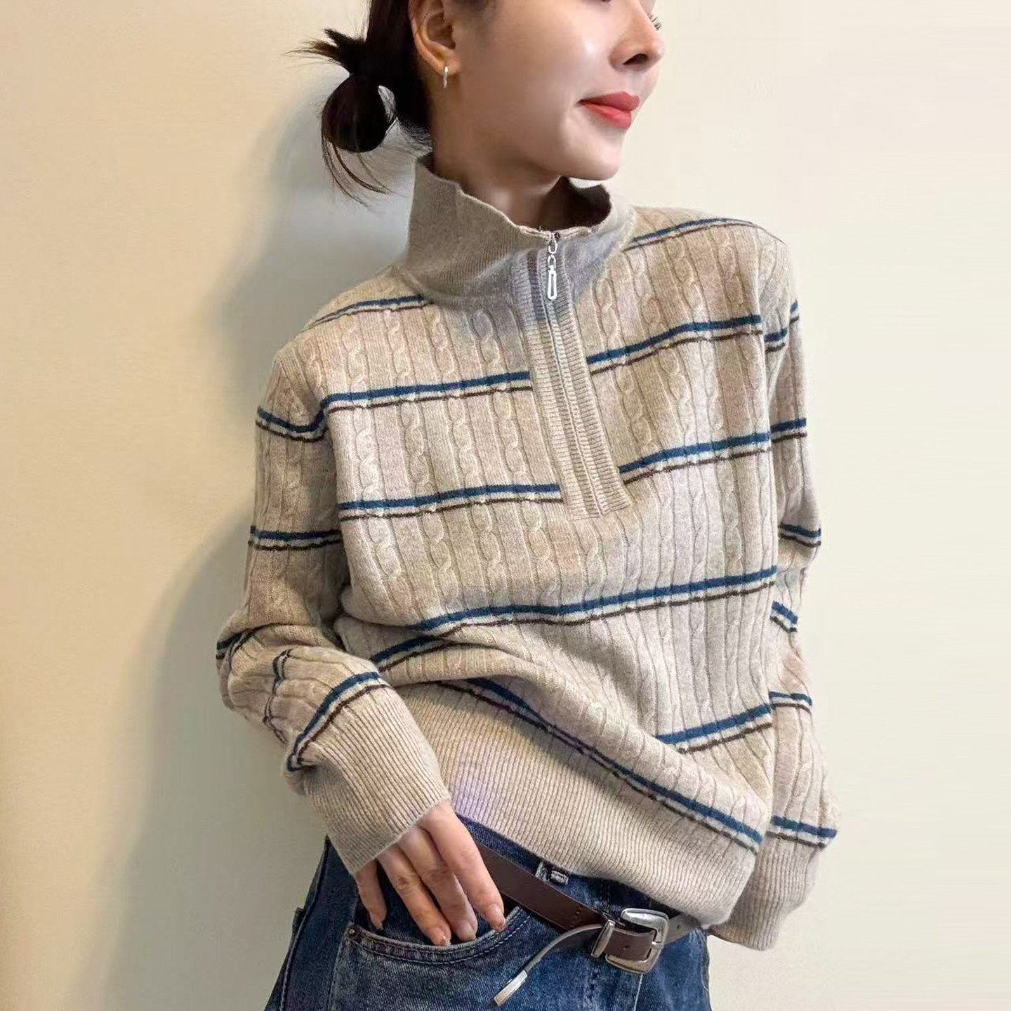 撞色条纹高领羊毛针织衫女欧洲站