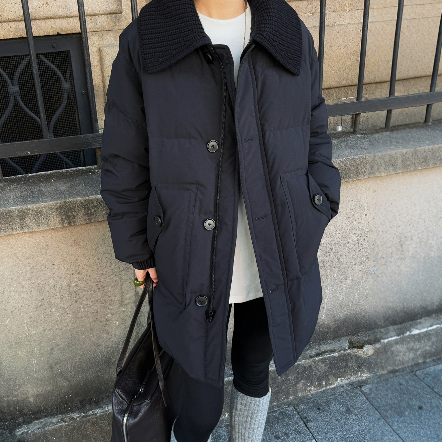 针织翻领面包羽绒服女欧洲站外套