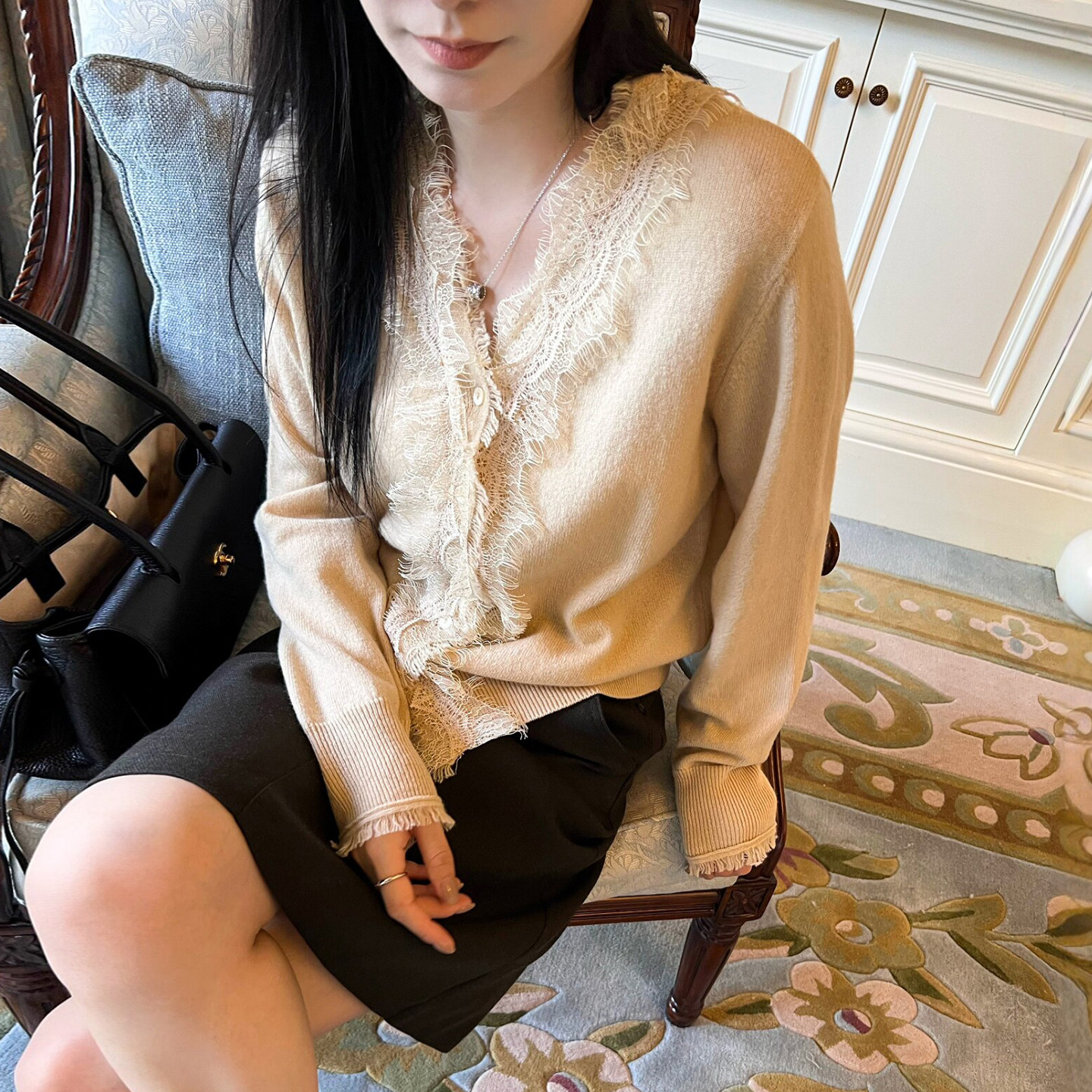 蕾丝V领羊毛针织开衫女欧洲站潮
