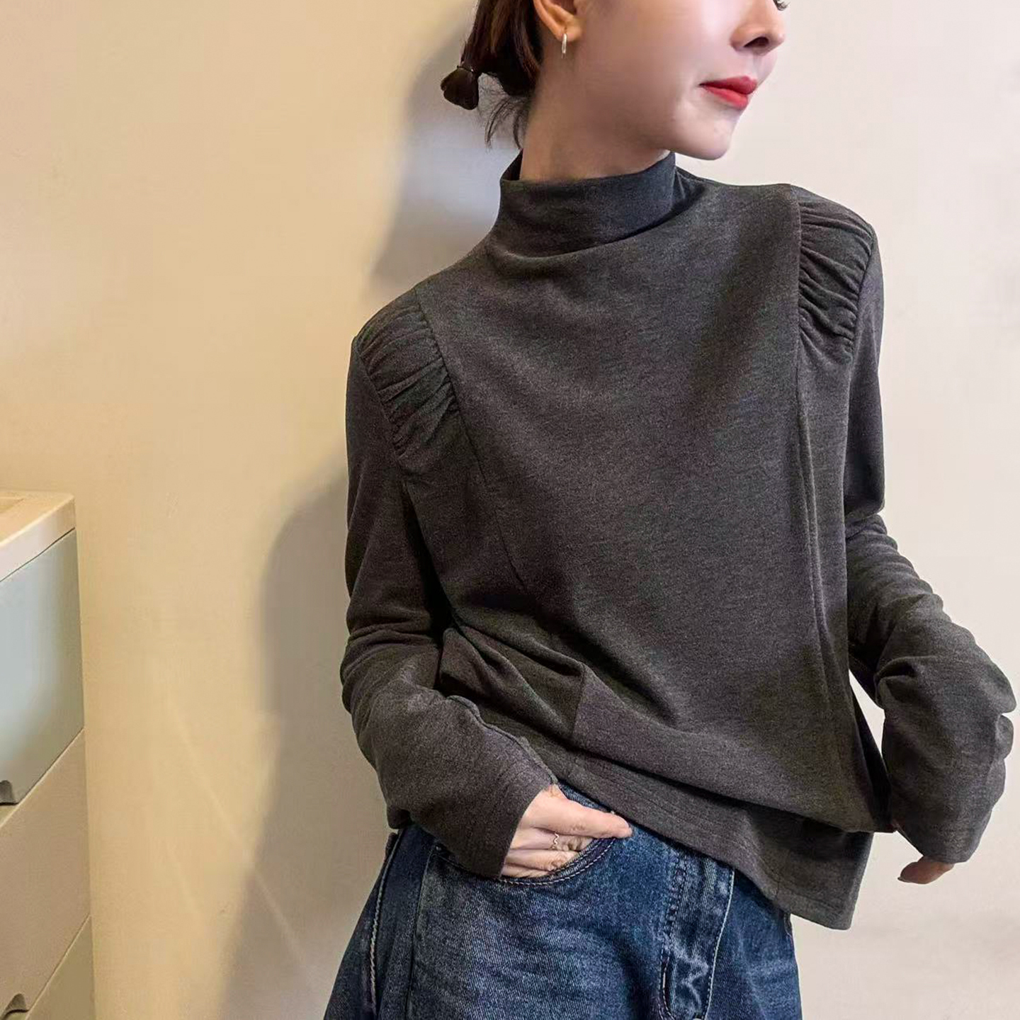 小半高领蛋白羊绒磨毛T恤女欧货