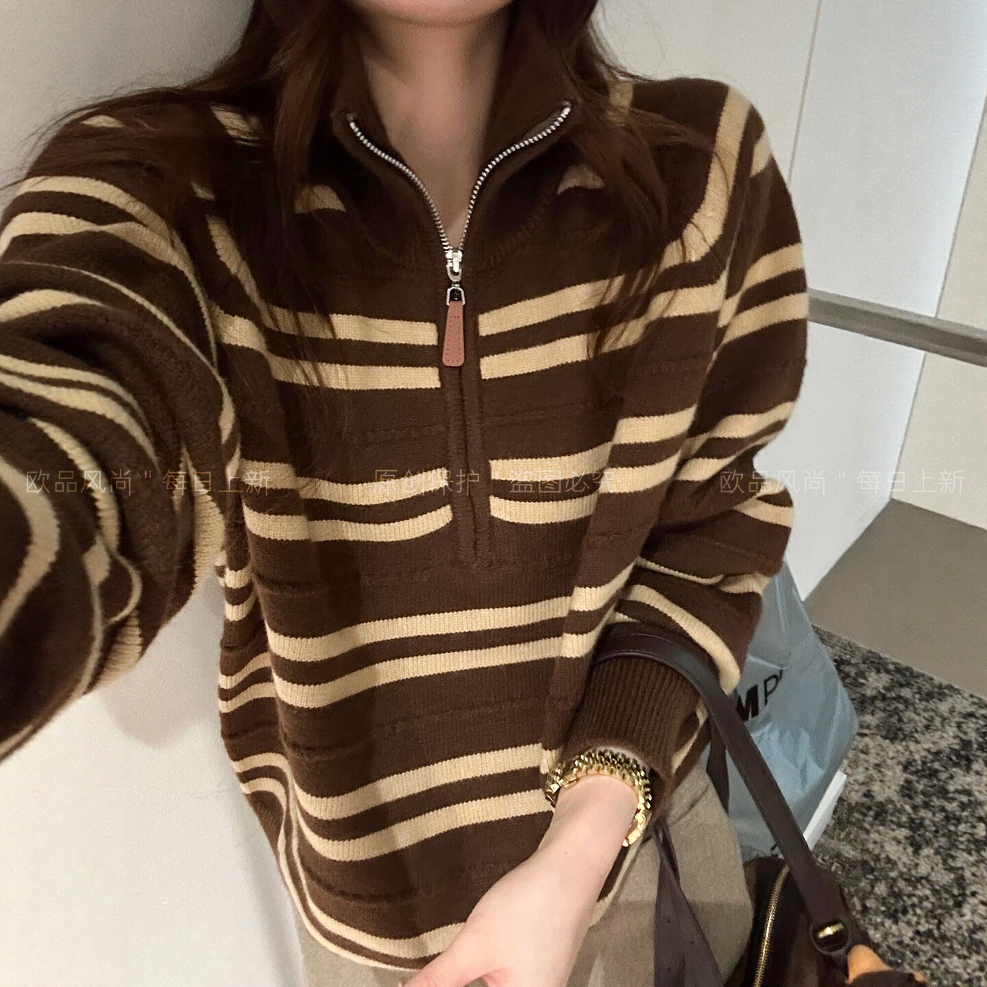 撞色条纹高领羊毛针织衫女欧洲站