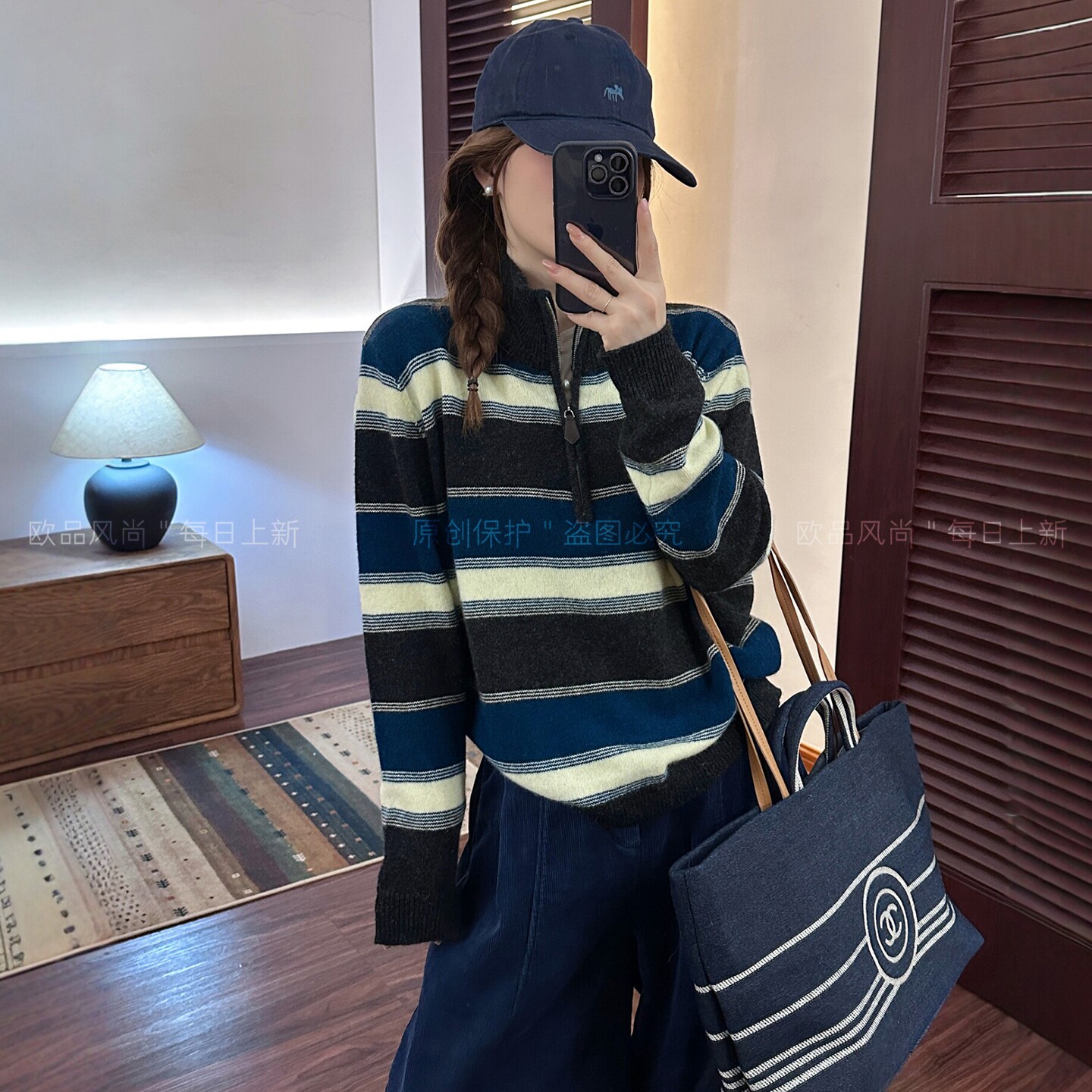 100%绵羊毛高领条纹针织衫女欧货