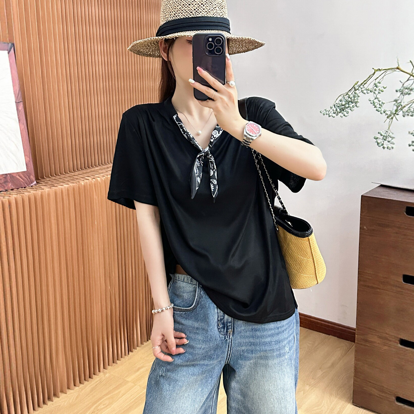 配丝巾丝光棉短袖T恤女欧货上衣