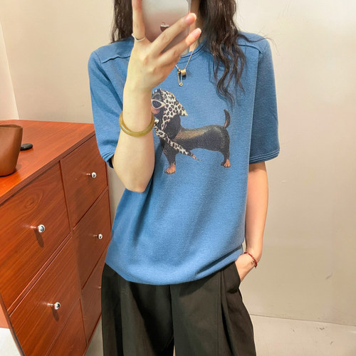 小狗印花短袖细羊毛针织衫欧洲站