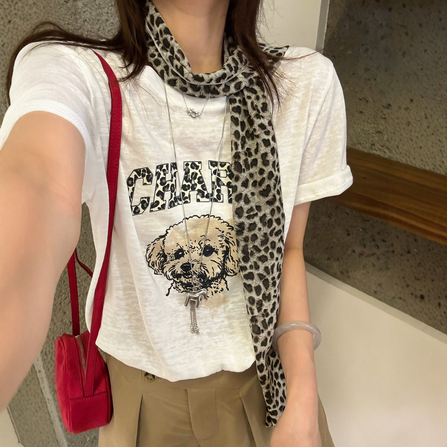豹纹丝巾狗狗印花短袖T恤女欧洲站2026夏季新款欧货女装打底衫潮