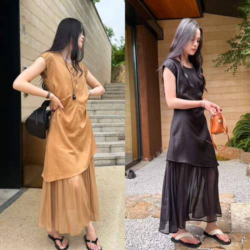 假两件褶皱收腰无袖连衣裙女欧货