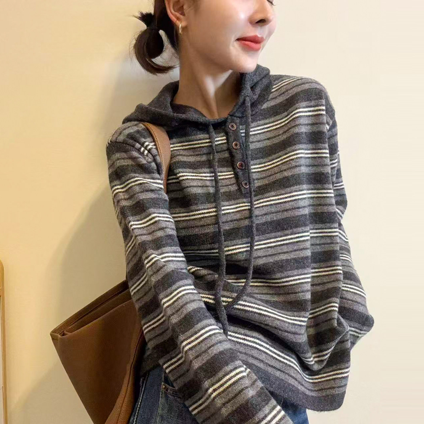 抽绳连帽条纹羊毛针织衫女欧洲站