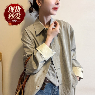 复古翻领休闲风衣外套女欧货大衣