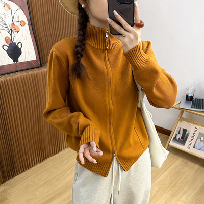 双拉链立领羊绒针织开衫女欧洲站