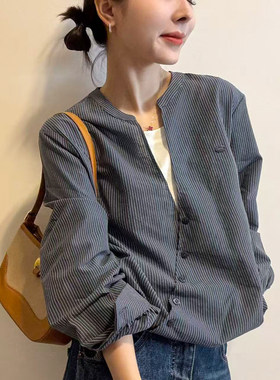假两件V领竖条纹短款衬衫女欧货