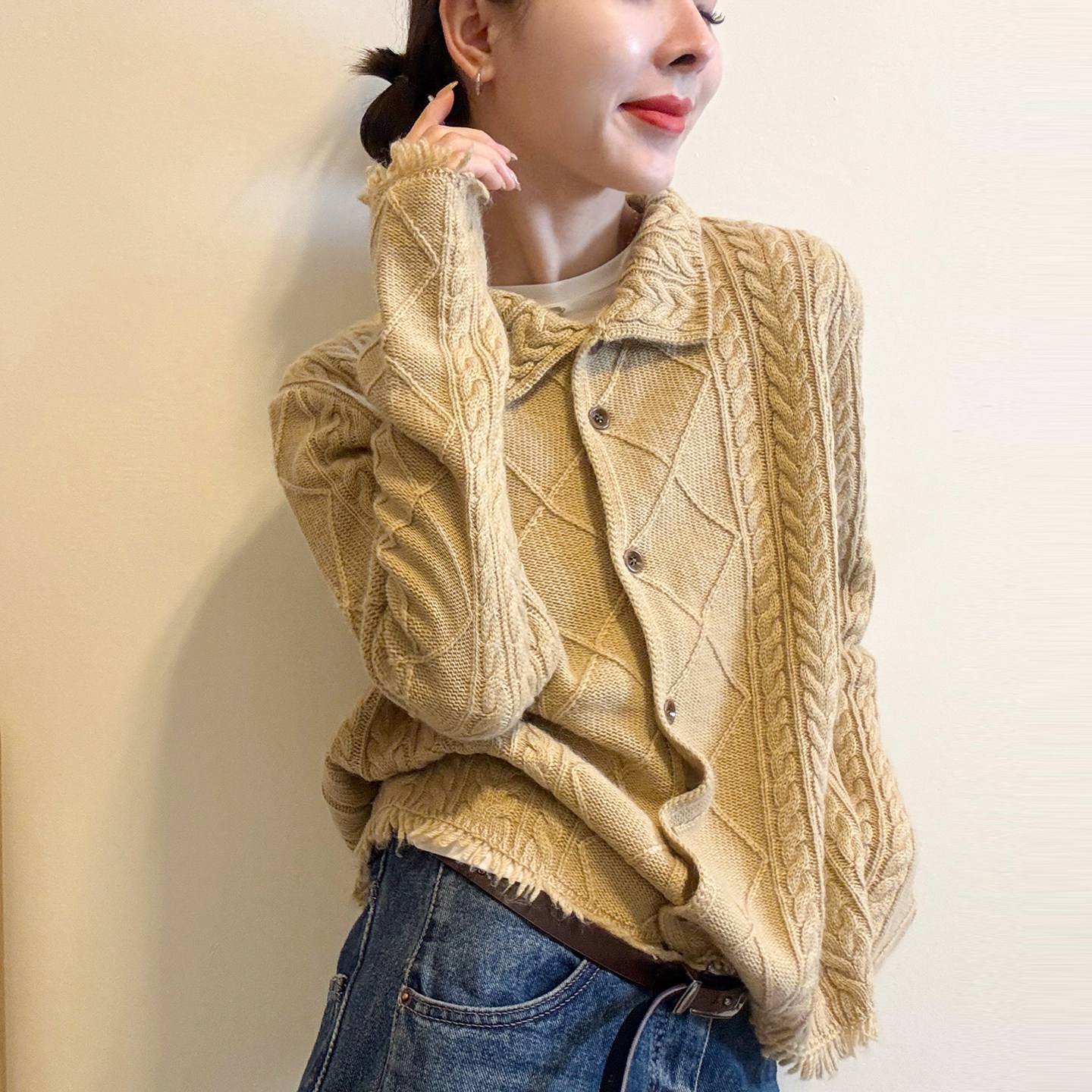 流苏边翻领羊毛针织开衫女欧洲站