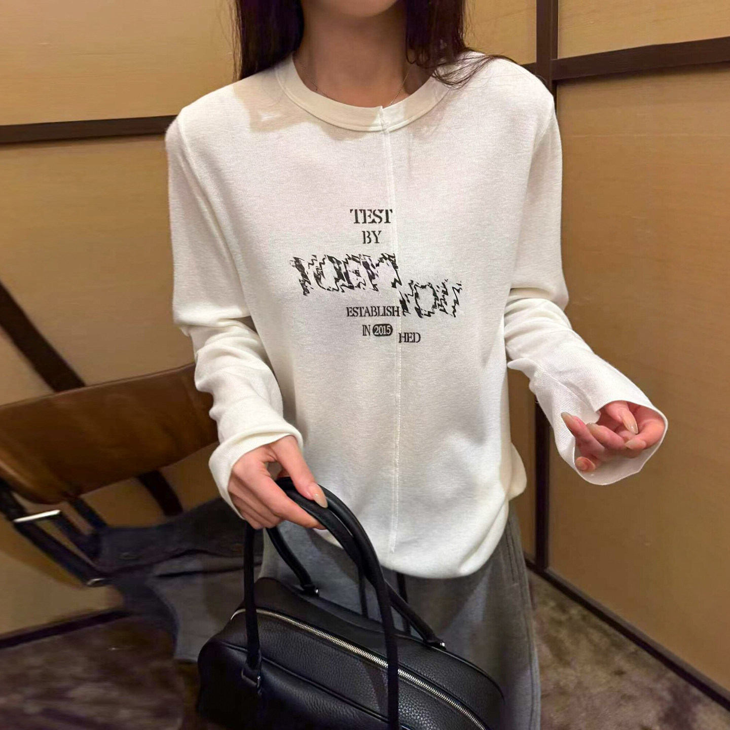 字母印花拼接长袖T恤女欧货上衣
