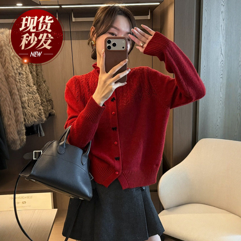木耳花边领羊毛针织开衫女欧洲站2025冬装新款欧货女装毛衣外套潮,女装/女士精品,毛针织衫,淘宝优惠券,粉丝福利购,淘宝优惠卷