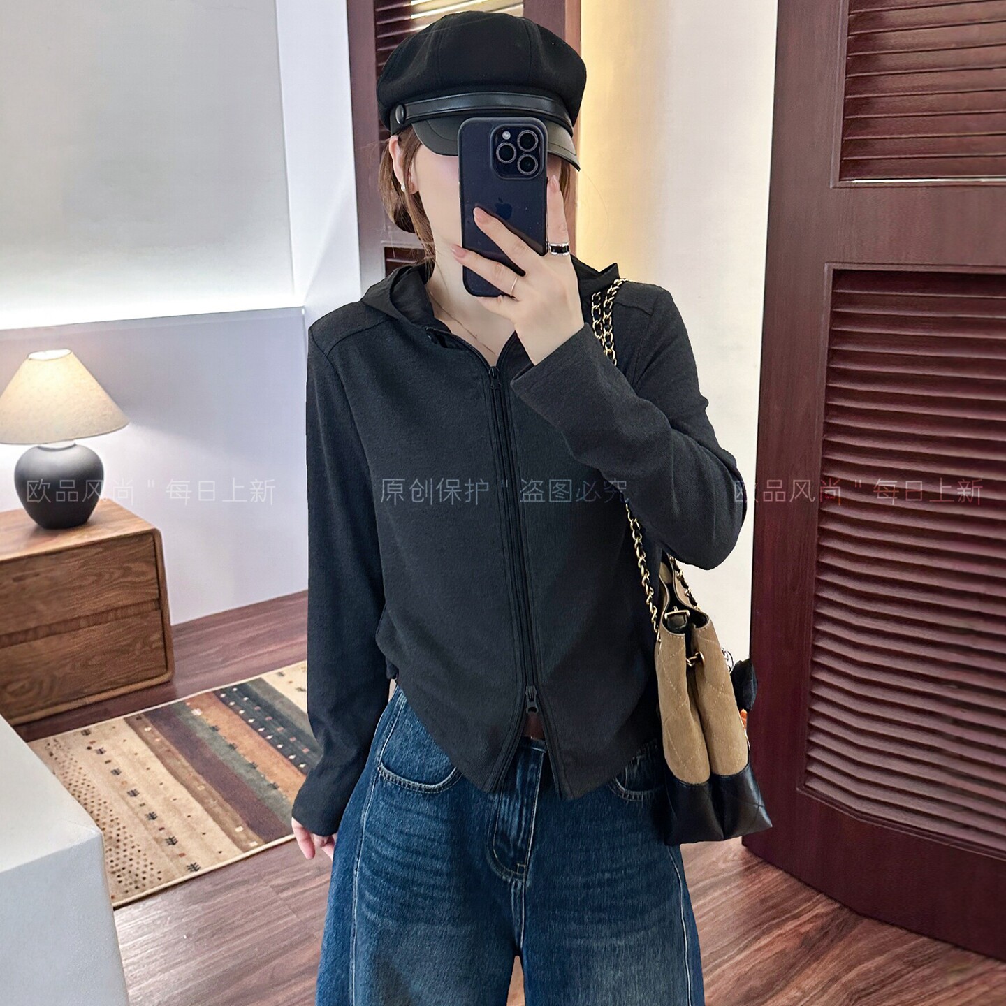 复古连帽卫衣开衫短外套女欧洲站