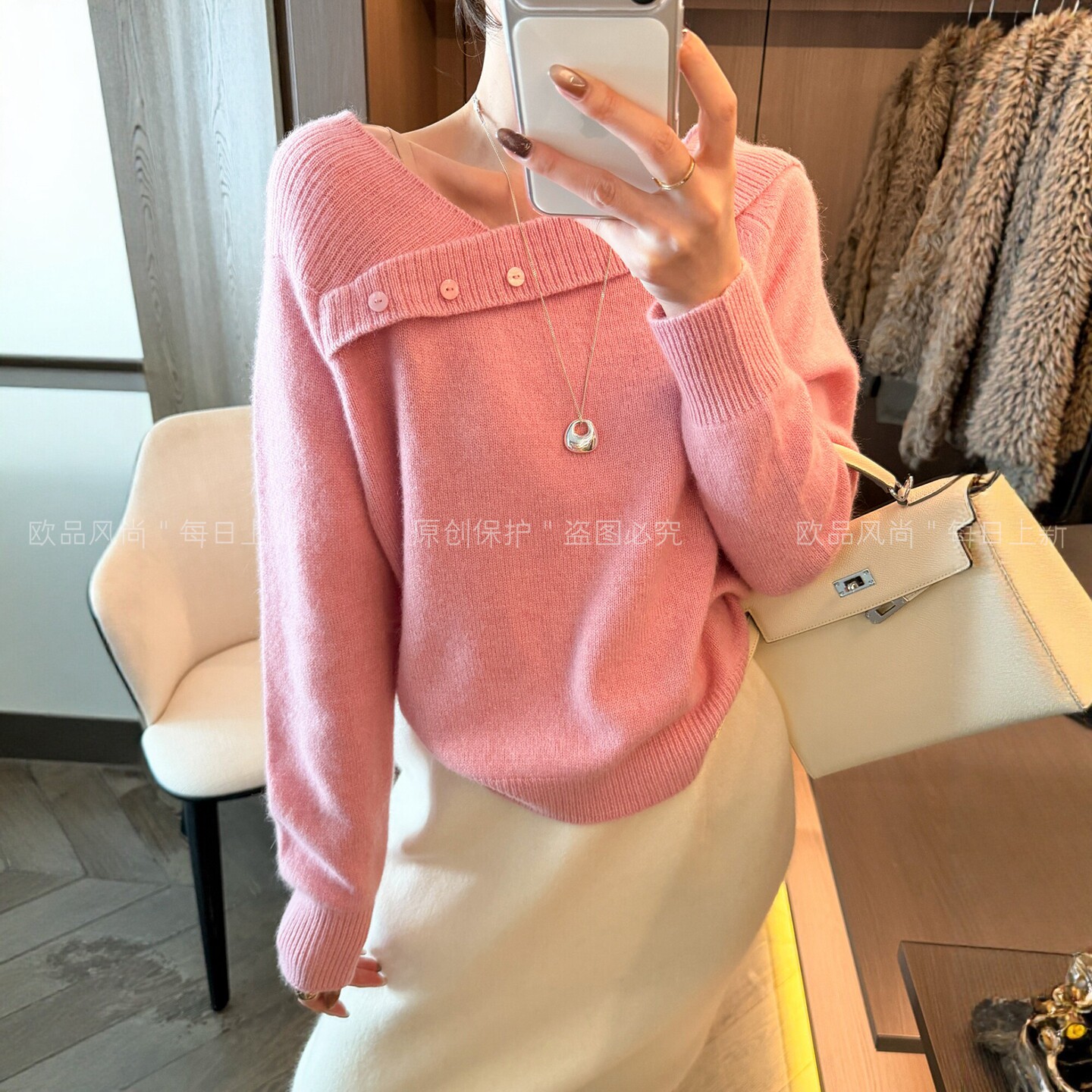 翻领露肩绵羊毛针织衫女欧洲站潮