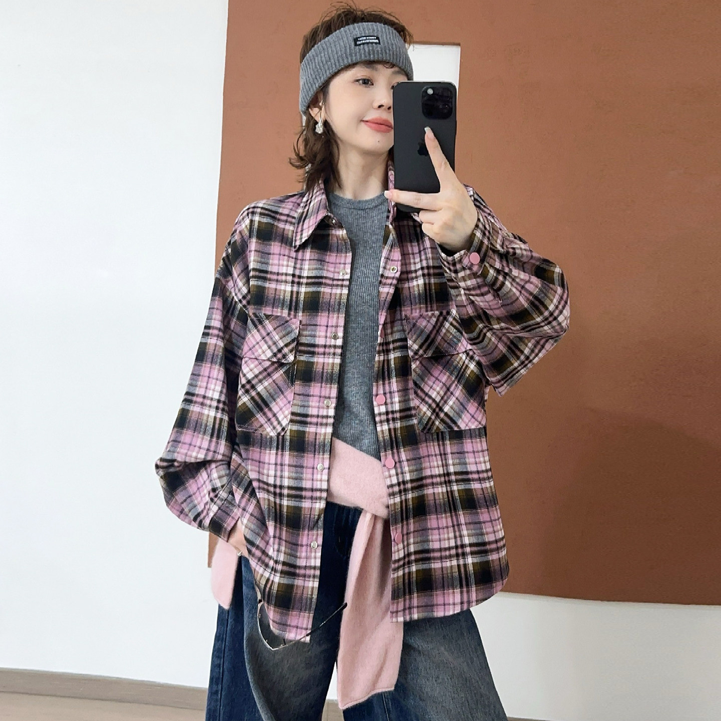 撞色格子POLO领休闲衬衫女欧洲站