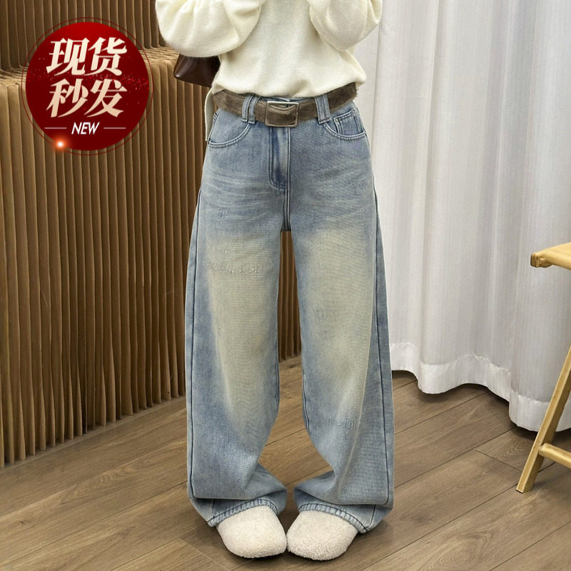 重工亮钻加绒窄版牛仔裤女欧洲站2025冬装新款欧货女装直筒裤子潮