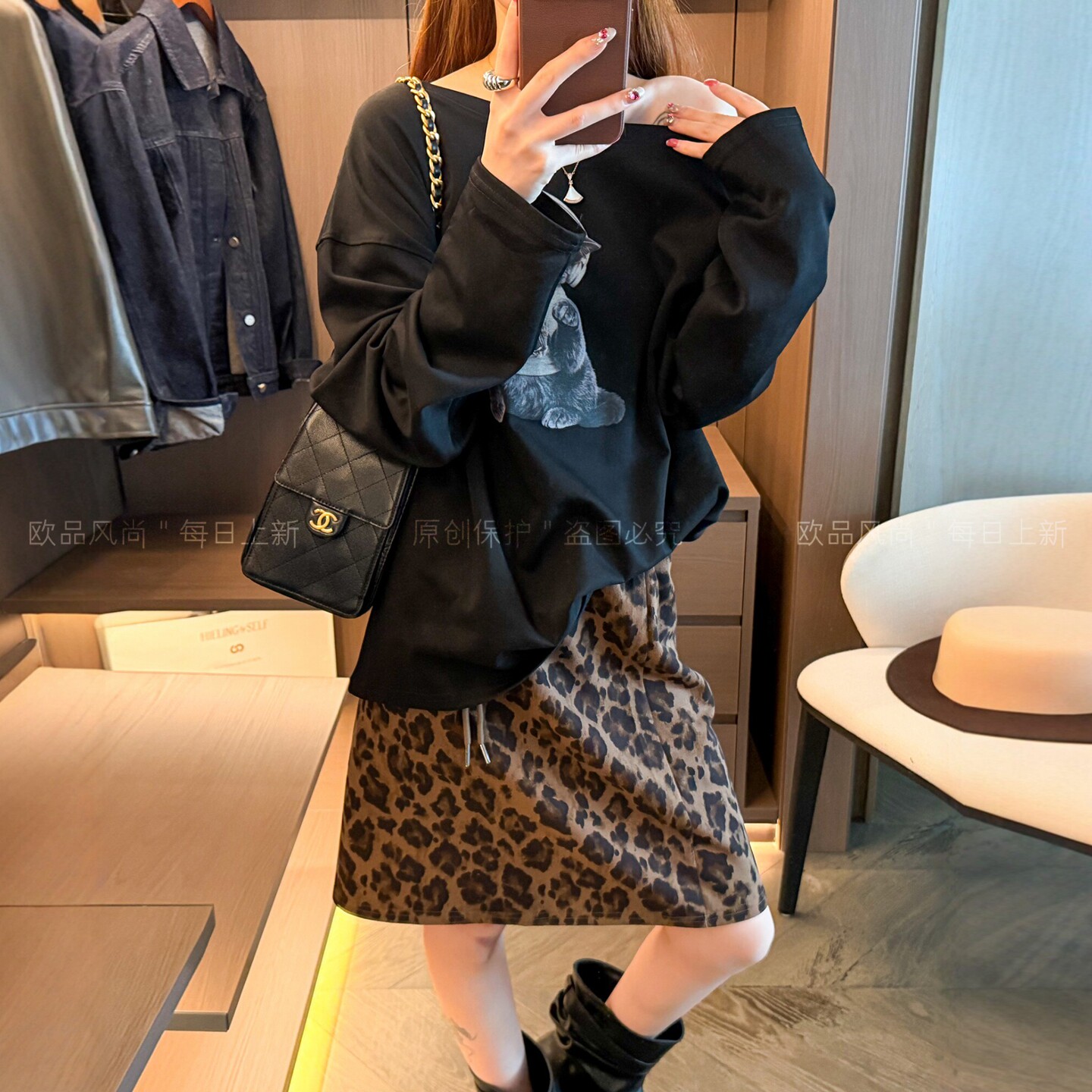 T恤豹纹半身裙两件套装女欧洲站