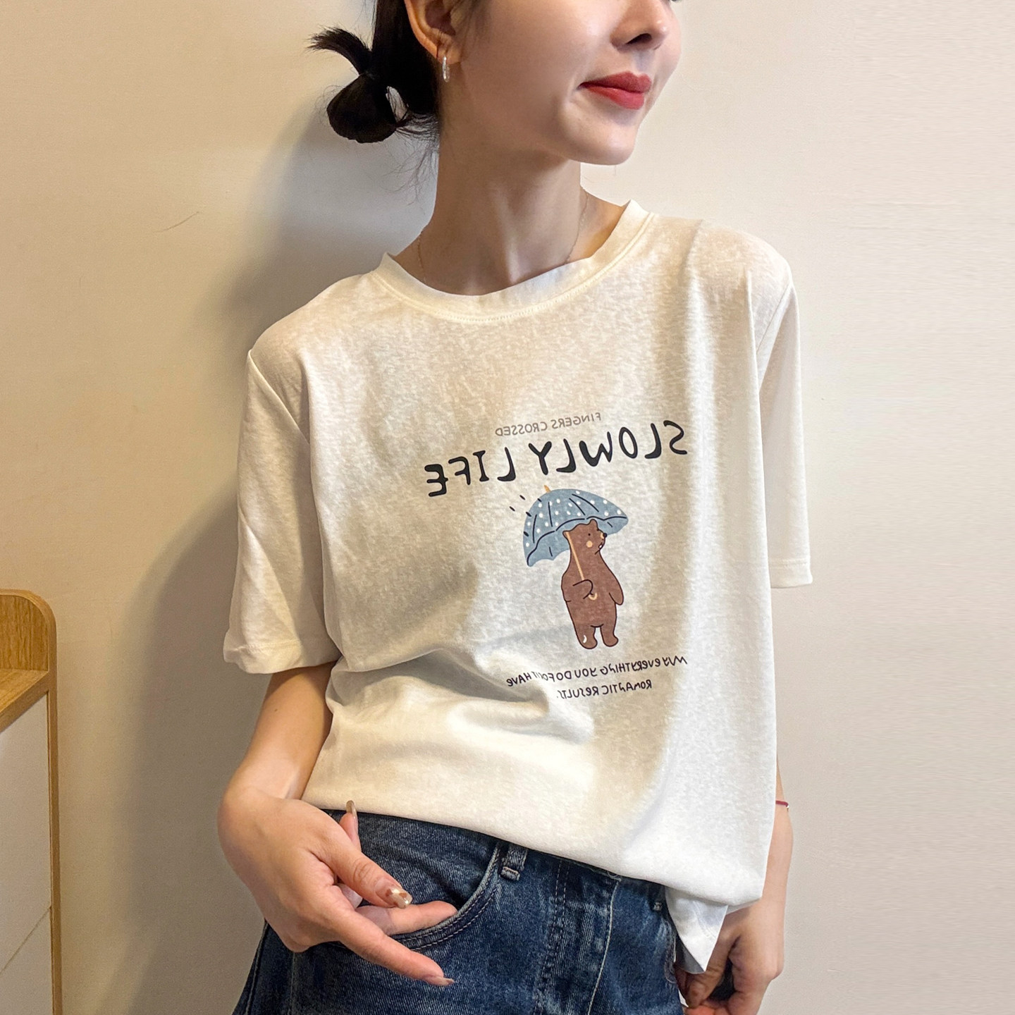 小熊印花字母短袖T恤女欧洲站2026夏装新款欧货女装时尚打底衫潮