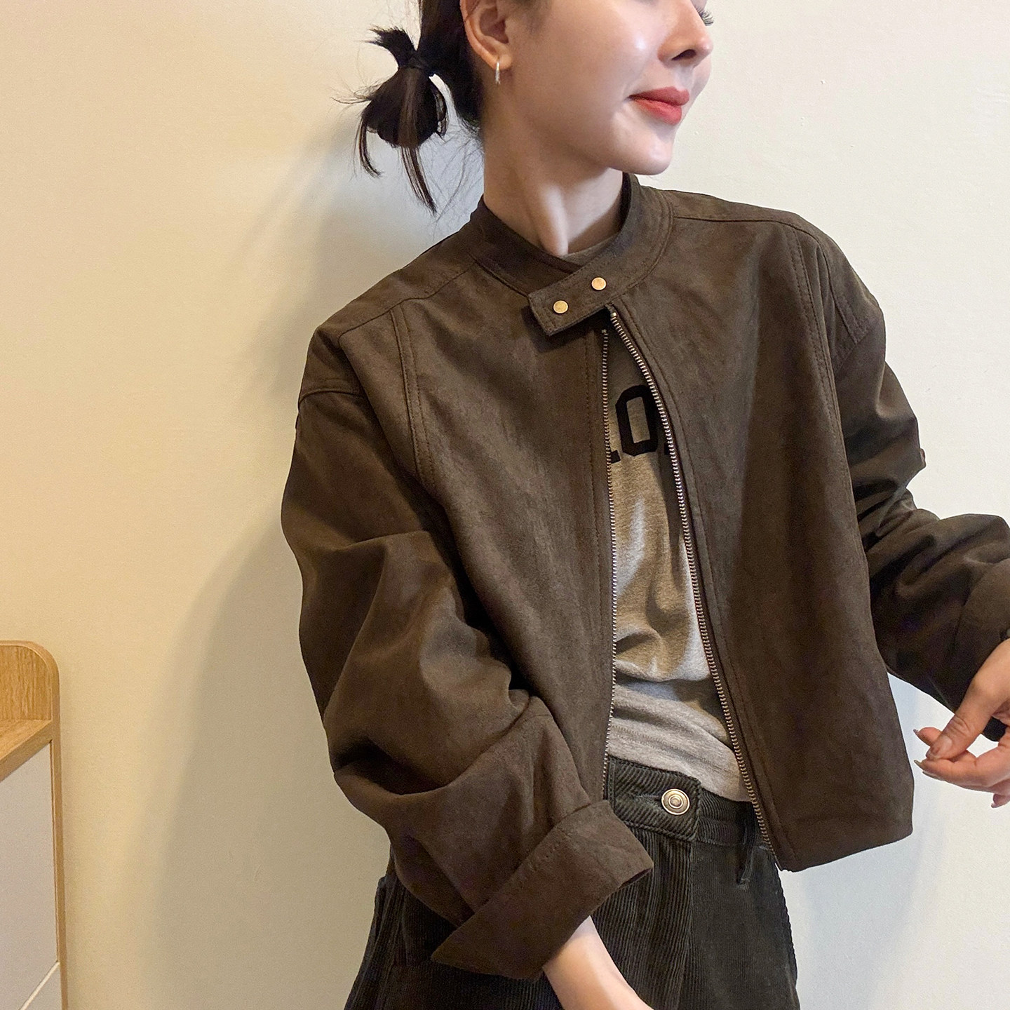 复古立领麂皮绒短外套女欧货夹克