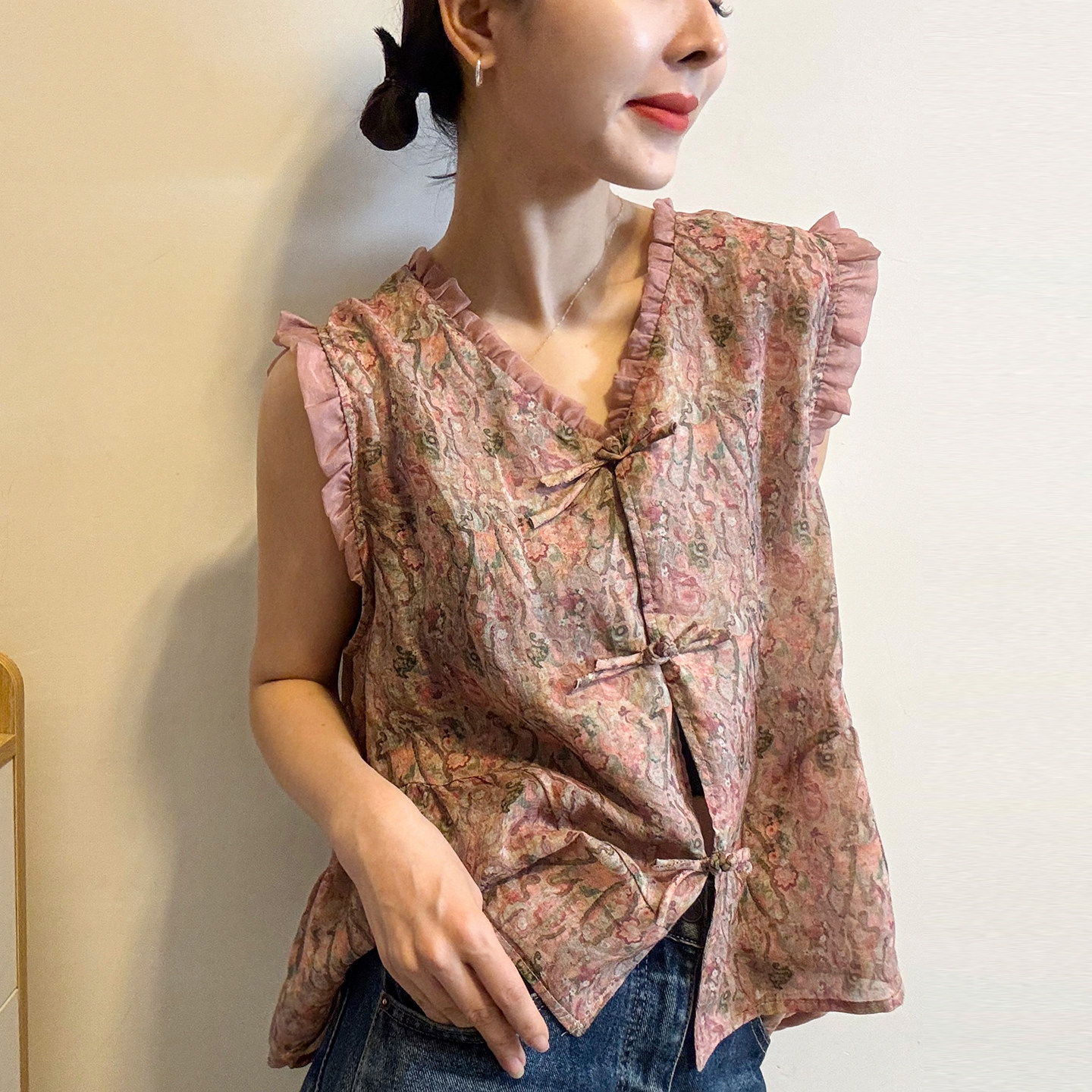 新中式国风盘扣印花衬衫女欧洲站