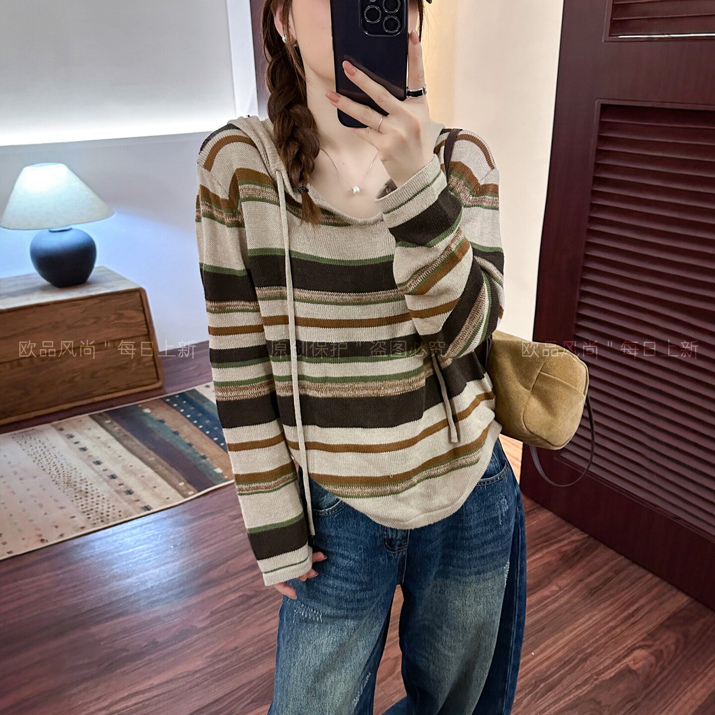 撞色条纹连帽羊毛针织衫女欧洲站
