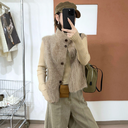复古立领绵羊毛拉绒马甲女欧洲站2026秋季新款欧货女装皮草短外套
