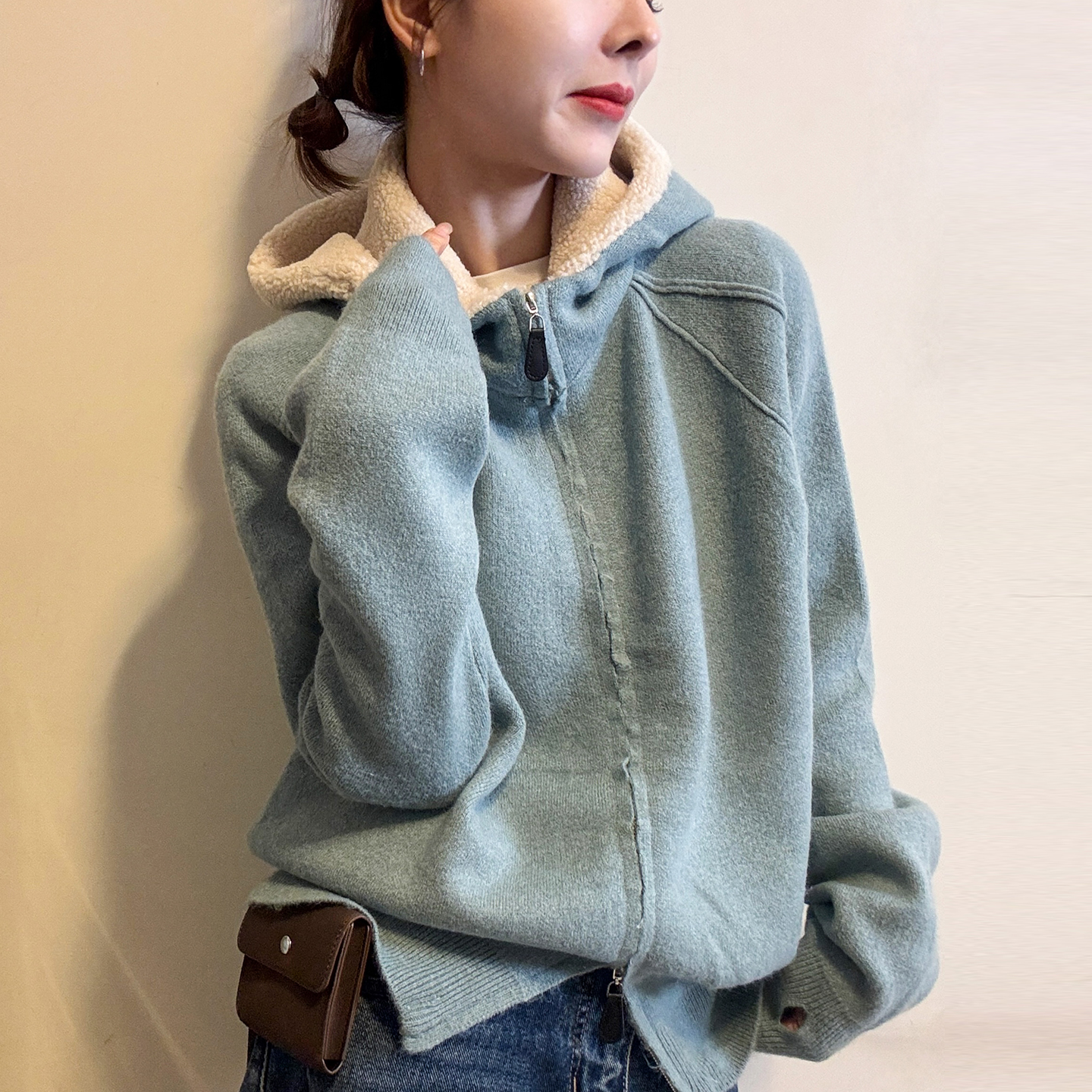 羊羔毛连帽羊毛针织开衫女欧洲站