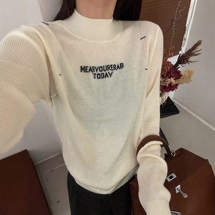 打底衫 字母刺绣半高领羊毛针织衫 欧货女装 新款 潮 女欧洲站2025冬装