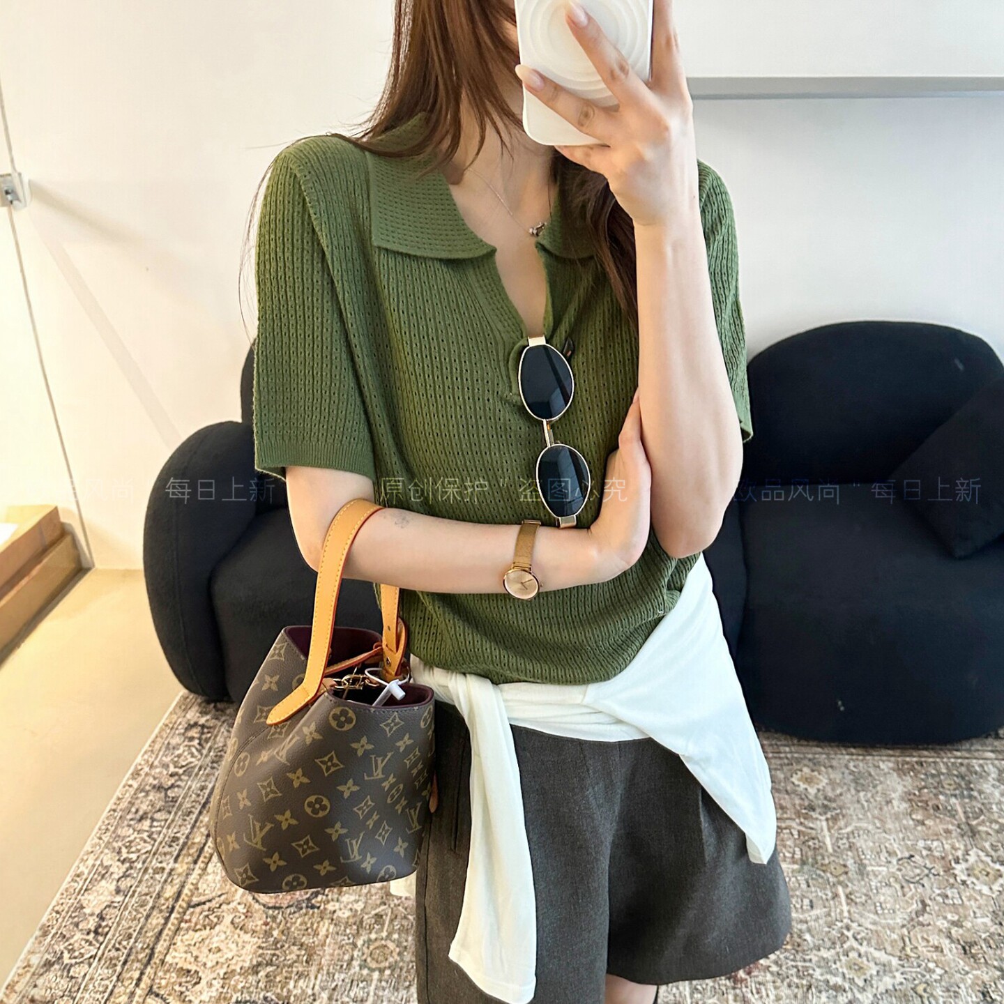 POLO领镂空冰丝针织衫女欧洲站潮