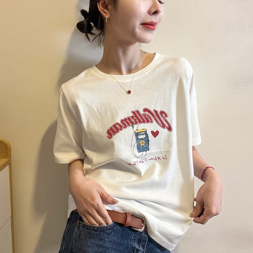 复古印花修身短袖T恤女欧货打底