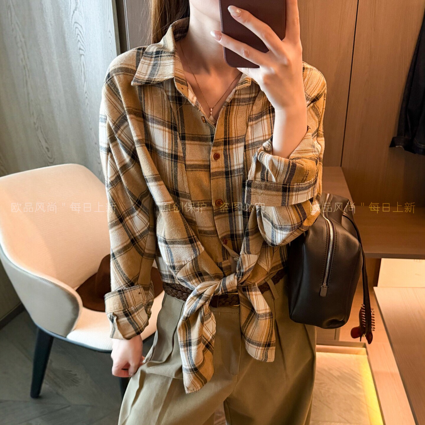 下摆打结POLO领格子衬衫女欧洲站