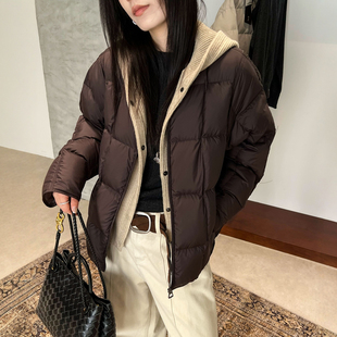 面包服外套潮 欧货女装 假两件针织连帽羽绒服女欧洲站2025冬装 新款