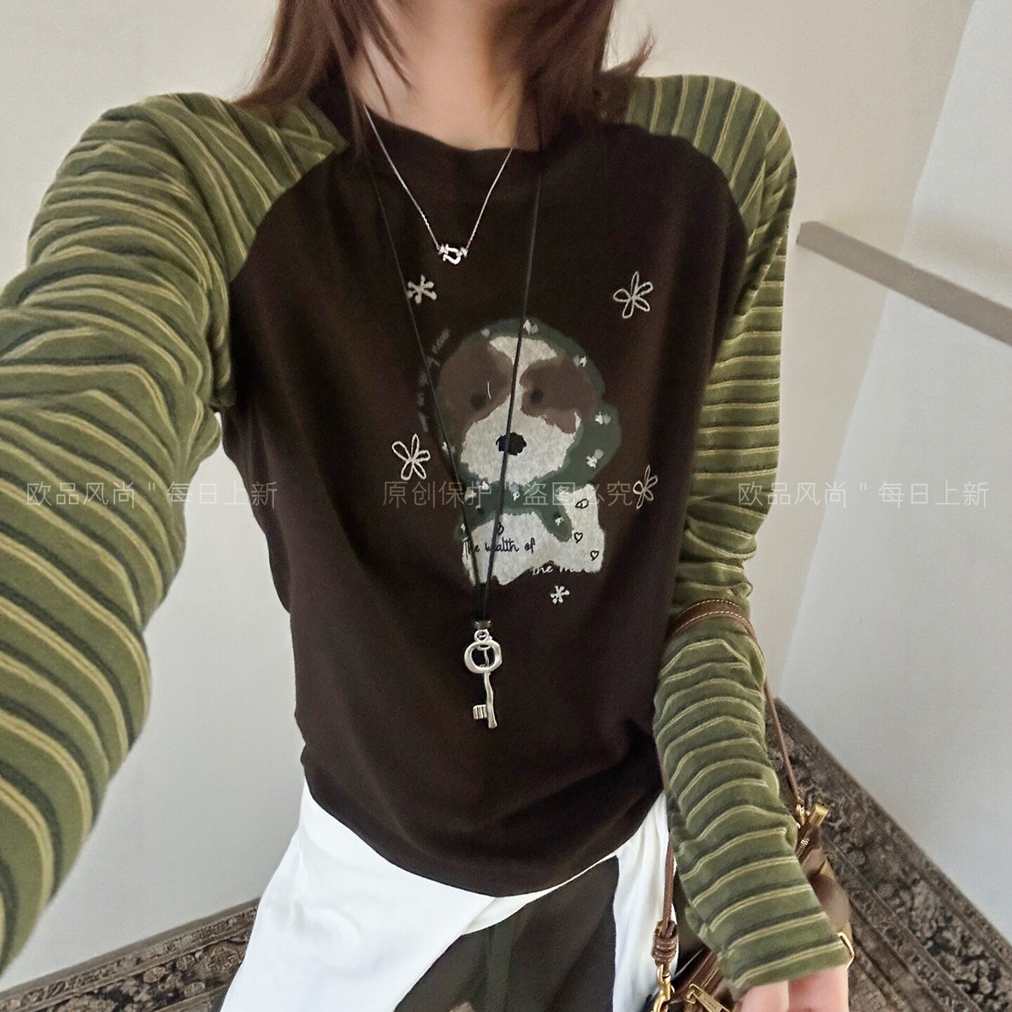 小狗印花插肩袖长袖T恤女欧洲站