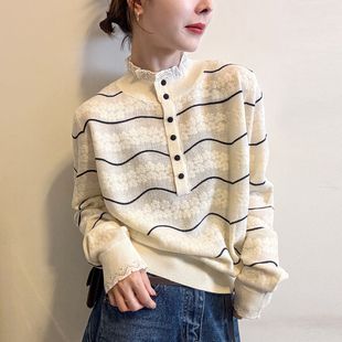 女欧洲站2025冬装 打底衫 新款 时尚 潮 欧货女装 波浪纹蕾丝羊毛针织衫