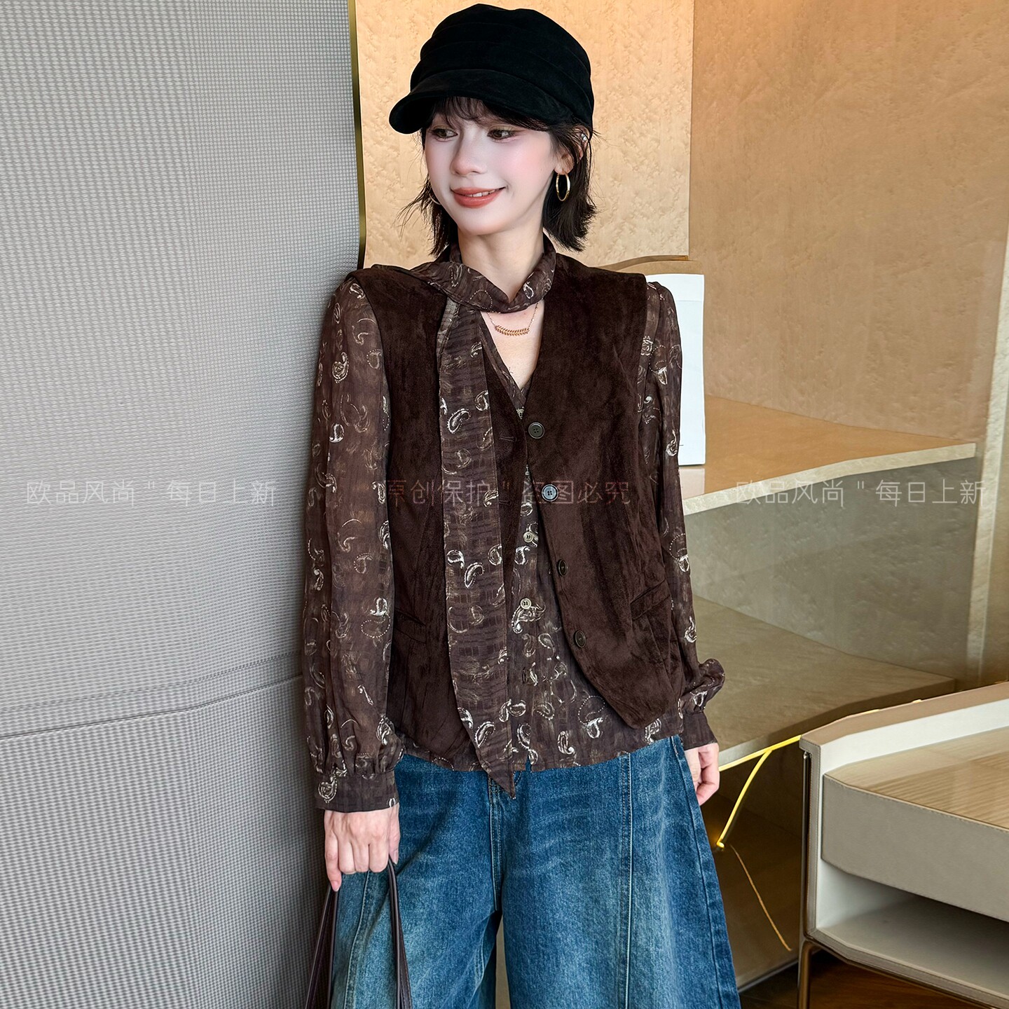飘带马甲衬衫两件套上衣女欧洲站