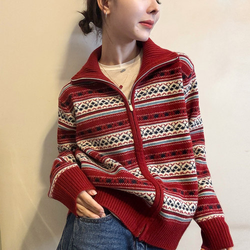 圣诞风提花羊毛针织开衫女欧洲站