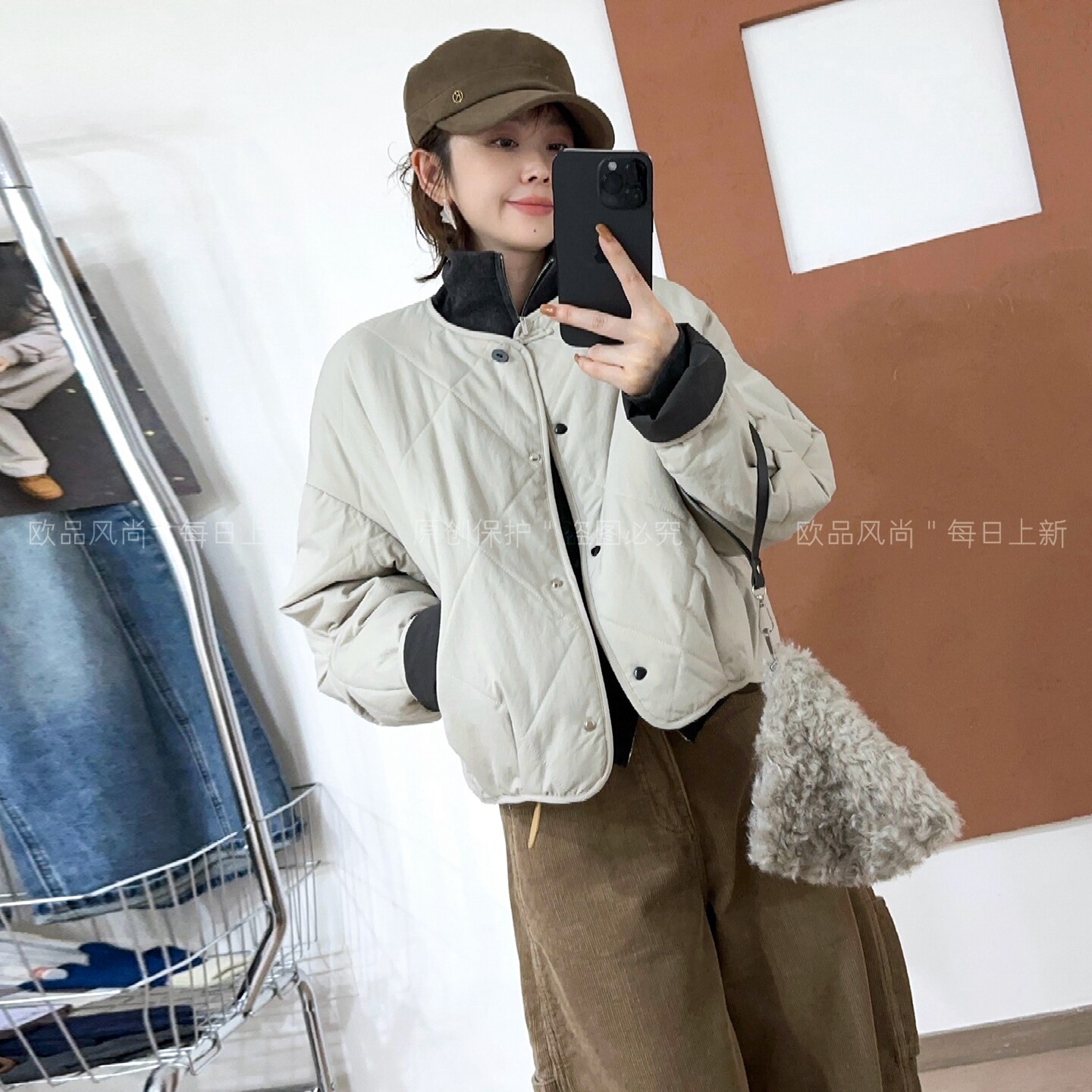 菱形格翻边轻薄棉衣棉服女欧洲站