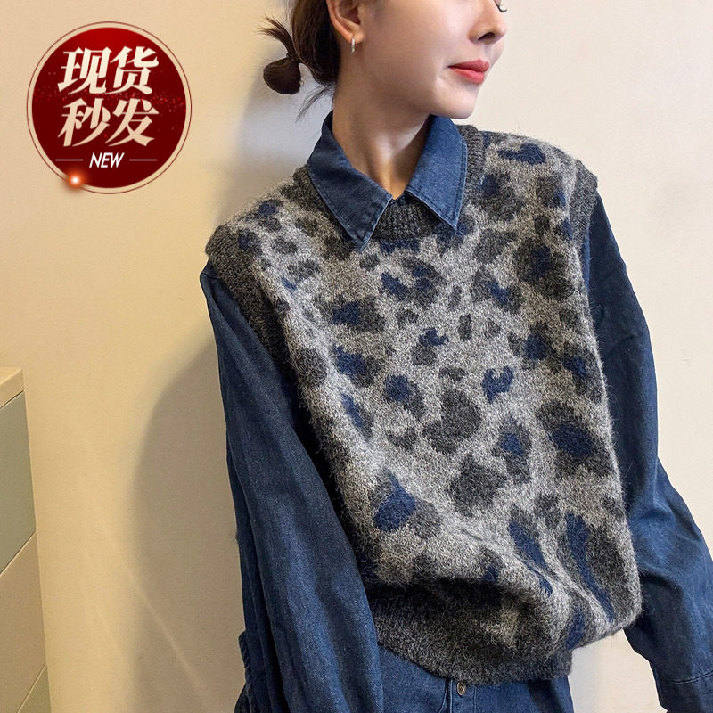 豹纹羊毛针织衫牛仔衬衫两件套装女欧洲站2025冬装新款欧货女装潮