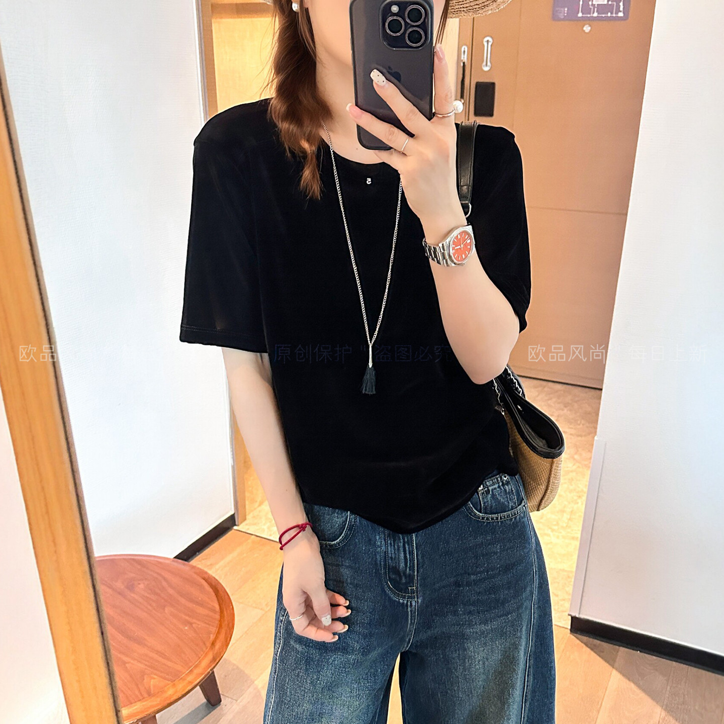 贴标金丝绒修身短袖T恤女欧洲站