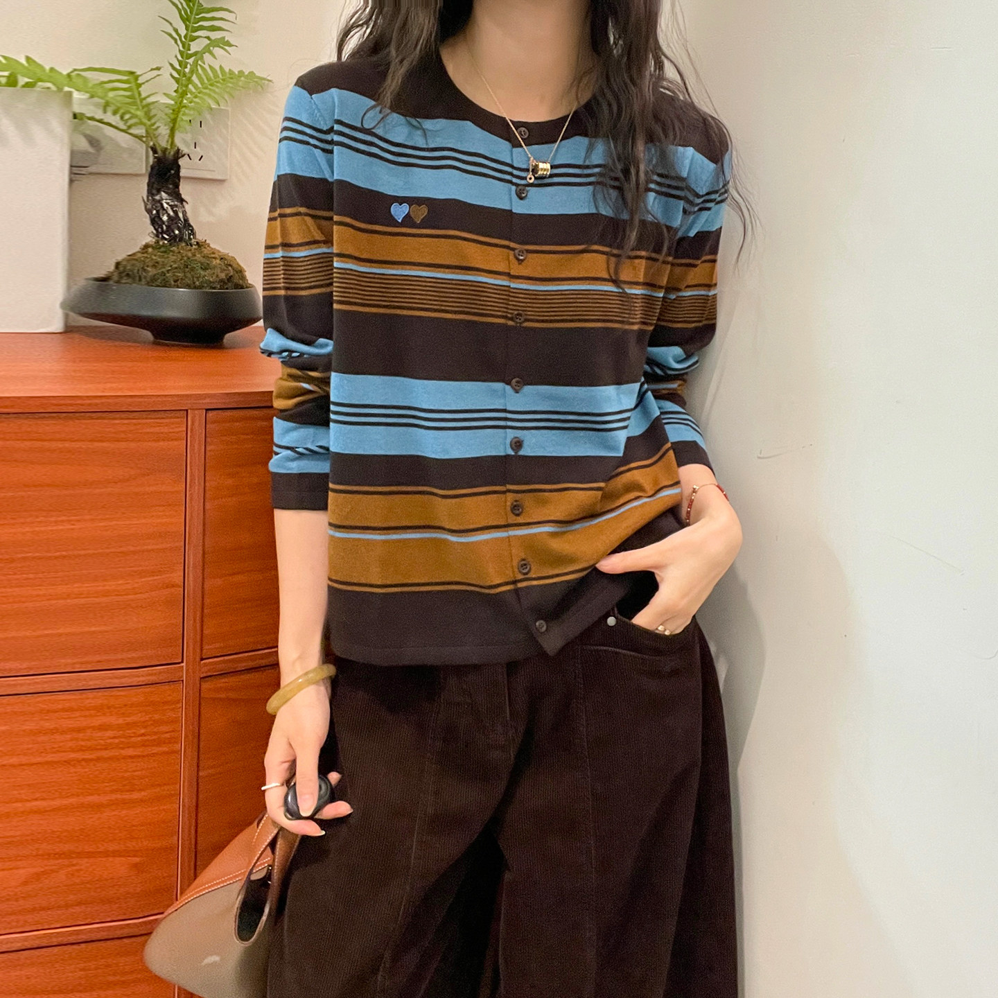 刺绣条纹细羊毛针织开衫女欧洲站