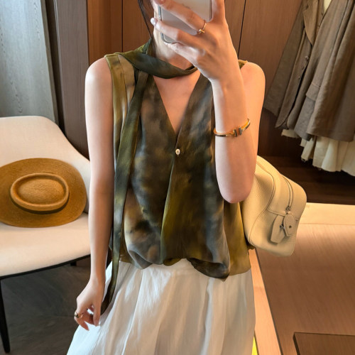 复古印染飘带V领衬衫女欧洲站潮