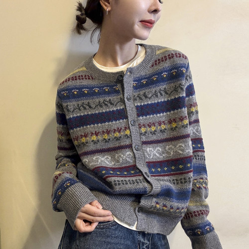 民族风提花羊毛针织开衫女欧洲站