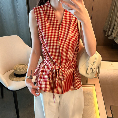 复古V领收腰格子衬衫女欧货上衣