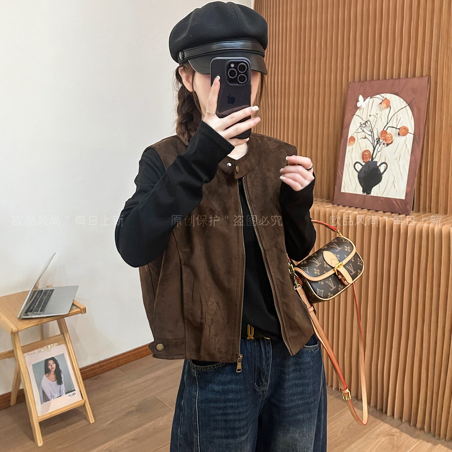 复古立领麂皮绒马甲外套女欧洲站