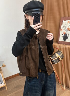 复古立领麂皮绒马甲外套女欧洲站
