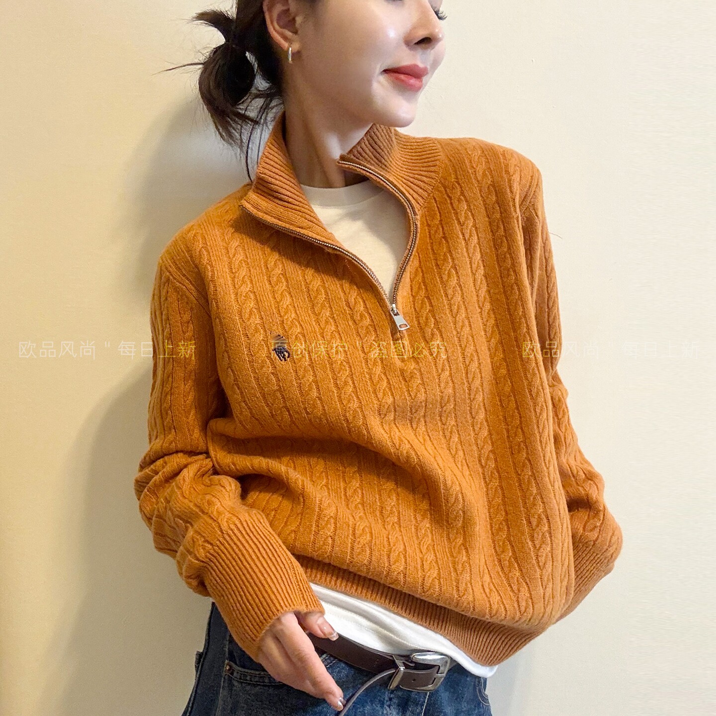 绵羊毛麻花纹高领针织衫女欧洲站